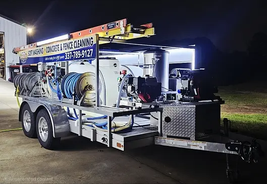 Quality Exterior Cleaning trailer and equipment illuminated at night